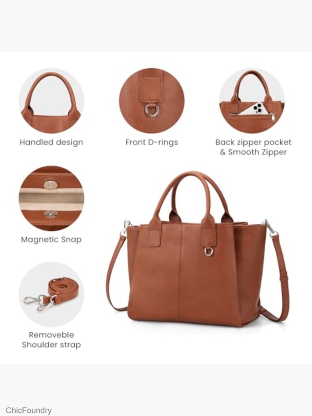 Genuine Leather Satchel Purse, Triple Pocket Medium Top-Handle Crossbody - Picture 6 of 7